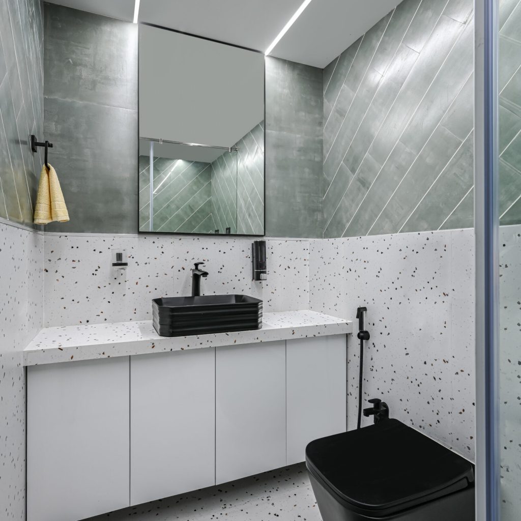 Contemporary bathroom interior design with modern fixtures and sleek design."