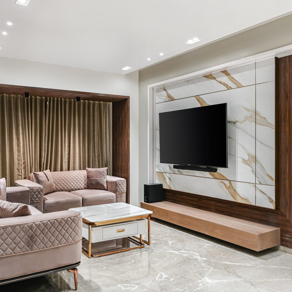 golden statuario tv unit blended with pu polished veneer with fluted panel