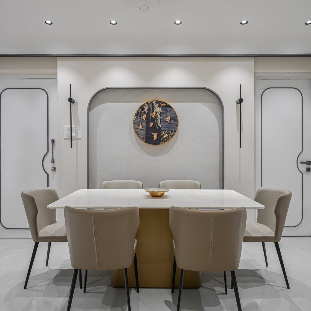 Modern furnishings and artwork in a contemporary dining area