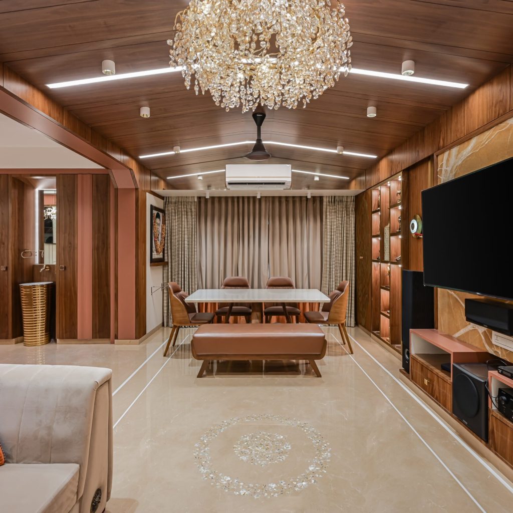 Vintage-inspired living room interiors with retro furniture and decor.with a backlit tv unit carved in onyx stone with mother of pearl inlay on floor