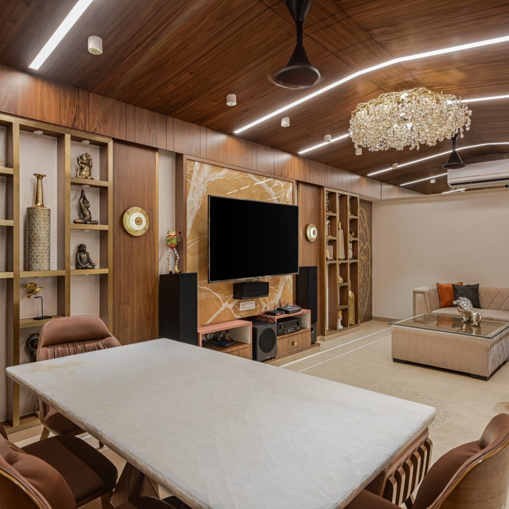 Luxurious living room interiors with plush velvet furniture ,gold accents and beautiful wooden ceiling